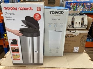 4 X ASSORTED KITCHEN ITEMS TO INCLUDE TOWER 50L SENSOR BIN , MORPHY RICHARDS CHROMA 50L SENSOR BIN: LOCATION - E17