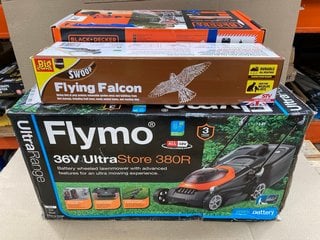 3 X ASSORTED OUTDOOR ITEMS TO INCLUDE BIG CHEESE SWOOP FLYING FALCON , FLYMO 36V ULTRA STORE 380R BATTERY WHEELED LAWN MOWER: LOCATION - E17