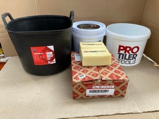 QTY OF ASSORTED DIY AND TOOL ITEMS TO INCLUDE RUBI FLEX TUB N.3 LARGE PLASTIC BUCKET IN BLACK: LOCATION - E15