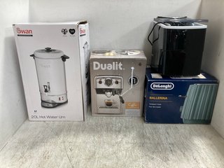 4 X ASSORTED HOUSE HOLD ITEMS TO INCLUDE SWAN 20L HOT WATER URN , DUALIT COFFEE MACHINE: LOCATION - H3