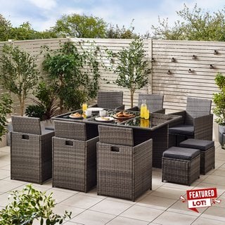 MONACO GREY OUTDOOR 10 SEAT DINING TABLE AND CHAIRS: LOCATION - B3