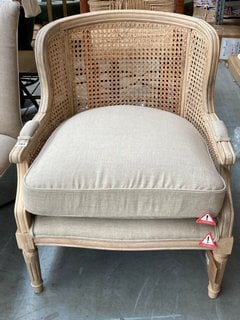 NKUKU KAZIRIA LINEN ARMCHAIR IN NATURAL RATTAN AND NATURAL FABRIC - RRP £995: LOCATION - B8