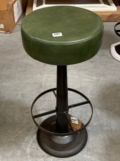 NKUKU NARWANA ROUND BAR STOOL IN GREEN LEATHER - RRP £250: LOCATION - B9