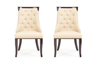 PAIR OF BUTTON BACK STYLE DINING CHAIRS IN WHITE LEATHER AND ACACIA LEGS: LOCATION - C3