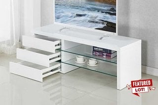 SAMBA WHITE HIGH GLOSS MODERN GLASS SHELVES TV STAND - RRP £184.99: LOCATION - A6