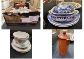 A BOX OF CHINAWARE TO INCLUDE AN ANTIQUE MYOTT TUREEN: LOCATION - PB