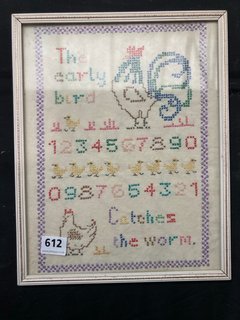 A VINTAGE SAMPLER, FRAMED AND GLAZED: LOCATION - PB