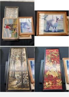 ASSORTED FRAMED PICTURES AND TAPESTRIES TO INCLUDE A HUNTING SCENE: LOCATION - PB