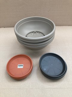 4 X VECA RECYCLED PLASTIC NAXOS DISH STYLE 30CM PLANTERS IN STONE GREY TO INCLUDE QTY OF VASO 17CM PLANT POT WATER TRAYS IN TERRACOTTA AND BLACK FINISHES: LOCATION - B4