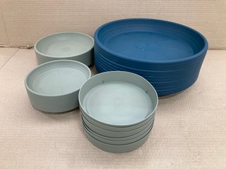 QTY OF ROUND GARDEN PLANT WATER TRAYS IN SAGE GREEN AND MARINE BLUE FINISHES : SIZES TO INCLUDE 19CM AND 37CM: LOCATION - B4