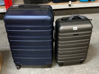 2 X JOHN LEWIS & PARTNERS HARD SHELL STYLE SUITCASES IN GUNMETAL AND METALLIC BLUE : SIZES SMALL AND MEDIUM: LOCATION - BR4