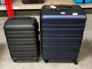 2 X JOHN LEWIS & PARTNERS HARD SHELL STYLE SUITCASES IN BLACK AND METALLIC BLUE : SIZES SMALL AND MEDIUM: LOCATION - BR4