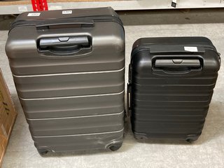 2 X JOHN LEWIS & PARTNERS HARD SHELL STYLE SUITCASES IN BLACK AND GUNMETAL : SIZES SMALL AND MEDIUM: LOCATION - BR4