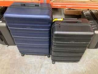 2 X JOHN LEWIS & PARTNERS HARD SHELL STYLE SUITCASES IN METALLIC BLUE AND BLACK : SIZES LARGE AND MEDIUM: LOCATION - BR9