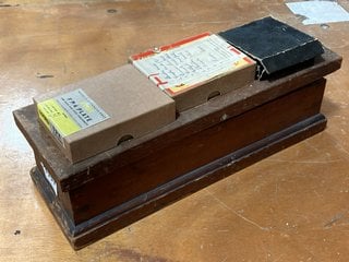 A VICTORIAN BOX OF MAGIC LANTERN SLIDES AND THREE PACKS OF GLASS NEGATIVES: LOCATION - CR