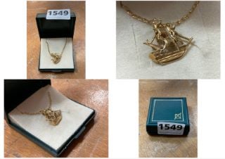 A GOLD PLATED PENDANT OF A SAILING SHIP AND CHAIN: LOCATION - CR