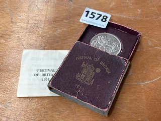 A FESTIVAL OF BRITAIN COMMEMORATIVE CROWN, 1951, WITH ORIGINAL BOX AND CERTIFICATE: LOCATION - CR