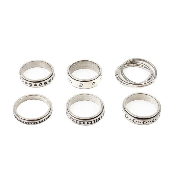 Selection of Six Metal Patterned Spinner Band Rings, Size V½, total weight 32.2g (VAT Only Payable on Buyers Premium)