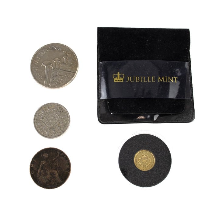 Selection of Four Coins including 9ct Yellow Gold 2015 One Crown, 1g, 2006 Vivat Regina Five Pounds, 1906 Penny and 1956 Two Shillings (VAT Only Payable on Buyers Premium)