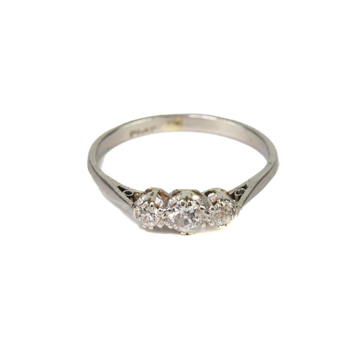 Platinum 950 0.30ct Diamond Old-cut Three Stone Ring, Size Q, 3.1g.  Auction Guide: £150-£200 (VAT Only Payable on Buyers Premium)