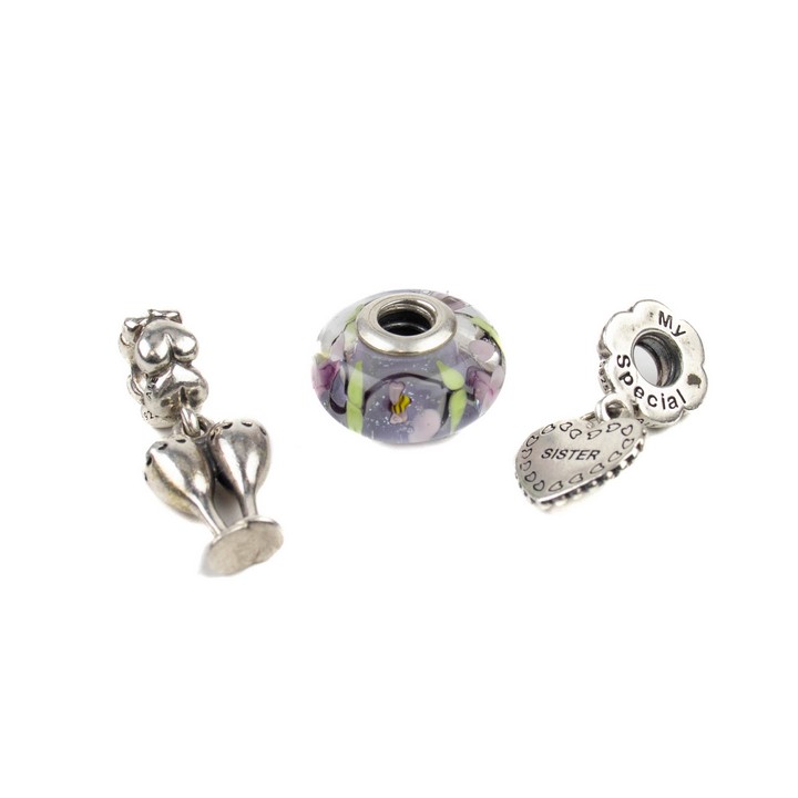 Pandora Silver Three Charms including Wine Glasses Drop, Sister Heart Drop, Purple, Green and Pink Glass Bead, total weight 11g (VAT Only Payable on Buyers Premium)