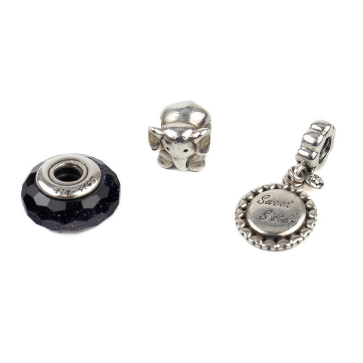 Pandora Silver Three Charms including Elephant, Pink Stone Sweet Sister Oval Drop, Sparkling Faceted Blue Glass Bead, total weight 12.4g (VAT Only Payable on Buyers Premium)