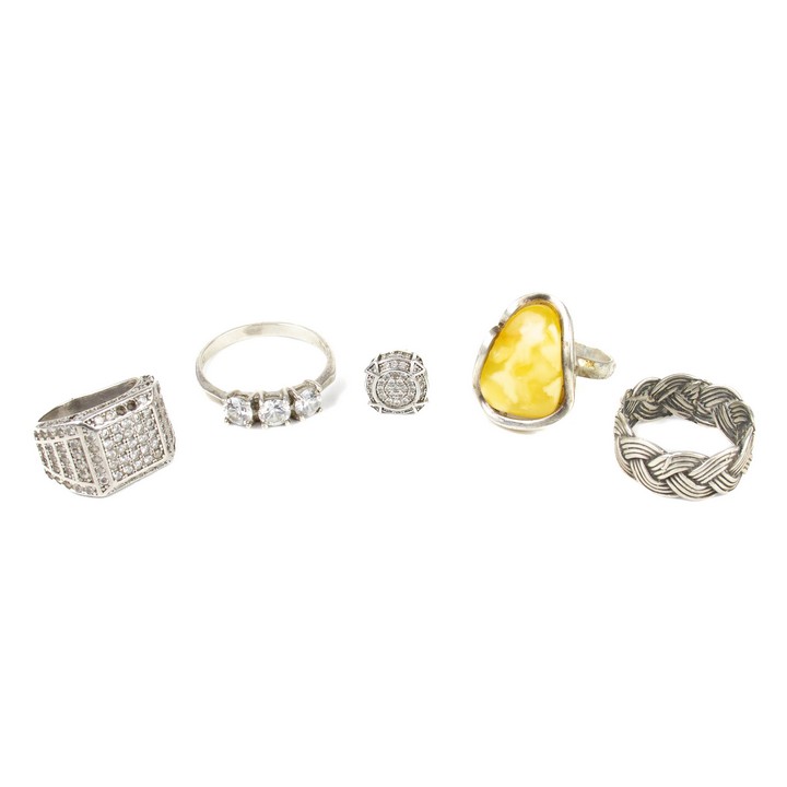 Silver Clear Stone Pavé Stud Earring, 1cm. Silver Clear Stone Pavé Ring, Squashed and Stones Missing. Silver Celtic Band Ring, Size P. Silver Yellow Stone Fancy Ring, Size P. Silver Three Clear Stone