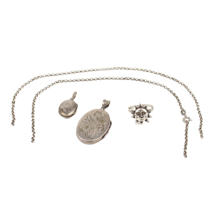 Silver Chain, 50cm (Broken), Two Silver Lockets (Dented), Silver Happy Sun Ring, Size K (Bent), total weight 16.5g (VAT Only Payable on Buyers Premium)