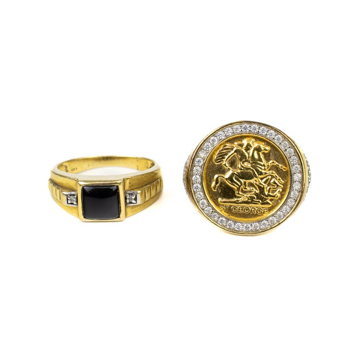 Silver Gold Plate Cubic Zirconia Pavé St George Ring, Size T. Silver Gold Plate Black Stone and Clear Stones Ring, Size U, total weight 13.3g (VAT Only Payable on Buyers Premium)