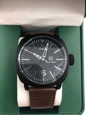 MENS FRANK SCHMIDT WATCH LARGE BLACK CASE WHITE PILOT DIAL BROWN STRAP 3ATM WATER RESISTANT GIFT BOX INCLUDED EST £290: LOCATION - A RACK