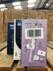 QUANTITY OF HEALTH & BEAUTY ITEMS TO INCLUDE ORAL-B VITALITY PRO ELECTRIC TOOTHBRUSHES FOR ADULTS,1 HANDLE, 2 TOOTHBRUSH HEADS, 3 BRUSHING MODES INCLUDING SENSITIVE PLUS, 2 PIN UK PLUG, PURPLE: LOCAT