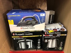 QUANTITY OF ITEMS TO INCLUDE RUSSELL HOBBS POWER STEAM ULTRA IRON, CERAMIC NON-STICK SOLEPLATE, 210G STEAM SHOT, 70G CONTINUOUS STEAM, 350ML WATER TANK, SELF-CLEAN, ANTI-CALC & ANTI-DRIP FUNCTION, 3M