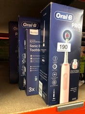 QUANTITY OF HEALTH & BEAUTY ITEMS TO INCLUDE ORAL-B PRO 3 ELECTRIC TOOTHBRUSHES FOR ADULTS, 1 3D WHITE TOOTHBRUSH HEAD, 3 MODES WITH TEETH WHITENING, 2 PIN UK PLUG, 3000, PINK: LOCATION - B