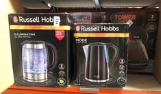 QUANTITY OF KITCHEN & APPLIANCES ITEMS TO INCLUDE RUSSELL HOBBS ILLUMINATING 1.7L ELECTRIC CORDLESS GLASS KETTLE WITH BLACK/BRUSHED STAINLESS STEEL ACCENTS (FAST BOIL 3KW, WASHABLE ANTI-SCALE FILTER,