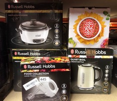 QUANTITY OF KITCHEN & APPLIANCES ITEMS TO INCLUDE RUSSELL HOBBS FOOD COLLECTION ELECTRIC HAND MIXER WITH 6 SPEEDS, EASY RELEASE BUTTON, FINGERTIP SPEED CONTROL, CHROME BEATERS, WRAP AROUND CORD STORA