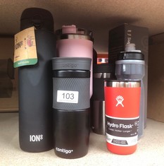 QUANTITY OF SPORTS & EXERCISE ITEMS TO INCLUDE HYDRO FLASK - ALL AROUND TUMBLER 355 ML (12 OZ) WITH CLOSABLE SPILL PROOF PRESS-IN LID - STAINLESS STEEL DOUBLE WALL VACUUM INSULATED TRAVEL MUG - HOT A