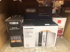 QUANTITY OF KITCHEN & APPLIANCES ITEMS TO INCLUDE CHEFMAN 2 SLICE TOASTER, 7 SHADE SETTINGS, STAINLESS STEEL, 2 SLICE WITH EXTRA-WIDE SLOTS, THICK BREAD AND BAGEL TOASTER, REHEAT, DEFROST, CANCEL, LI