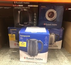 QUANTITY OF KITCHEN & APPLIANCES ITEMS TO INCLUDE RUSSELL HOBBS HONEYCOMB ELECTRIC 1.7L CORDLESS KETTLE (FAST BOIL 3KW, GREY PREMIUM PLASTIC, MATT & HIGH GLOSS FINISH, REMOVABLE WASHABLE ANTI-SCALE F