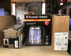 QUANTITY OF KITCHEN & APPLIANCES ITEMS TO INCLUDE RUSSELL HOBBS ILLUMINATING 1.7L ELECTRIC CORDLESS GLASS KETTLE WITH BLACK/BRUSHED STAINLESS STEEL ACCENTS (FAST BOIL 3KW, WASHABLE ANTI-SCALE FILTER,