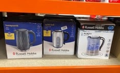 QUANTITY OF KITCHEN & APPLIANCES ITEMS TO INCLUDE RUSSELL HOBBS HONEYCOMB ELECTRIC 1.7L CORDLESS KETTLE (FAST BOIL 3KW, GREY PREMIUM PLASTIC, MATT & HIGH GLOSS FINISH, REMOVABLE WASHABLE ANTI-SCALE F