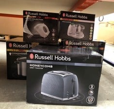 QUANTITY OF KITCHEN & APPLIANCES ITEMS TO INCLUDE RUSSELL HOBBS HONEYCOMB 2 SLICE TOASTER (EXTRA WIDE SLOTS, HIGH LIFT FEATURE, 6 BROWNING LEVELS, FROZEN/CANCEL/REHEAT FUNCTION, REMOVABLE CRUMB TRAY,