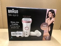 BRAUN SILK EPIL 9 EPILATOR HAIR REMOVAL, INCLUDES FACIAL CLEANSING BRUSH HIGH FREQUENCY MASSAGE CAP SHAVER AND TRIMMER HEAD, CORDLESS, WET & DRY, 100% WATERPROOF, UK 2 PIN PLUG, 9-880, WHITE/PINK.: L