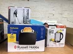 QUANTITY OF KITCHEN & APPLIANCES ITEMS TO INCLUDE RUSSELL HOBBS TEXTURES 2 SLICE TOASTER (EXTRA WIDE SLOTS, 6 BROWNING LEVELS, FROZEN, CANCEL & REHEAT FUNCTION WITH INDICATOR LIGHTS, REMOVABLE CRUMB