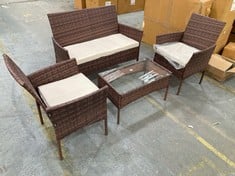 2 SEATER RATTAN GARDEN SOFA IN BROWN TO INCLUDE 2 X RATTAN GARDEN CHAIRS IN BROWN TO INCLUDE GLASS TOP RATTAN GARDEN COFFEE TABLE IN BROWN (KERBSIDE PALLET DELIVERY)