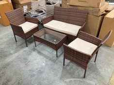 2 SEATER RATTAN GARDEN SOFA IN BROWN TO INCLUDE 2 X RATTAN GARDEN CHAIRS IN BROWN TO INCLUDE GLASS TOP RATTAN GARDEN COFFEE TABLE IN BROWN (KERBSIDE PALLET DELIVERY)