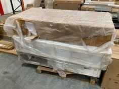 3 X ASSORTED BED BASES / PARTS TO INCLUDE APPROX 90CM BED BASE IN WHITE FLORAL FABRIC (KERBSIDE PALLET DELIVERY)