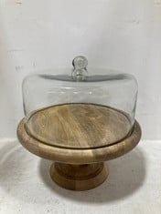 NKUKU RECYCLED GLASS DOME CAKE STAND -MANGO WOOD & GLASS 35X35.5CM (RC0401) RRP- £95