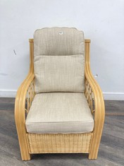 DESSER VIOLA RATTAN CONSERVATORY ARMCHAIR LIGHT OAK WITH BISCUIT FABRIC CUSHIONS RRP- £399