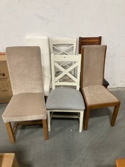 6 X ASSORTED DINING CHAIRS TO INCLUDE WHITE WOODEN CROSS BACK CHAIR WITH GREY SEAT