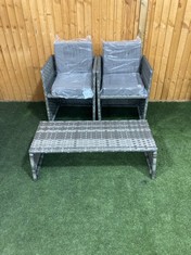 2 X GARDEN MIXED GREY RATTAN CHAIRS WITH GREY CUSHIONS TO INCLUDE COFFEE TABLE/BENCH